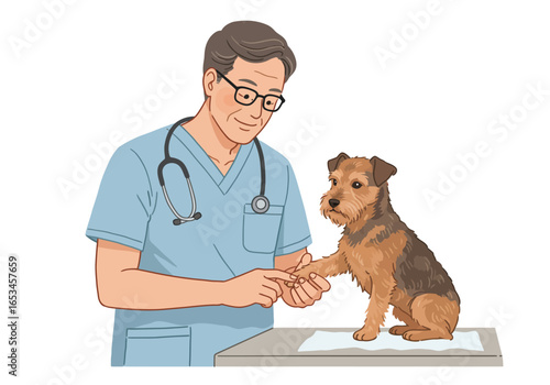 Veterinarian Examining a Terrier Dogs Paw on Table.
