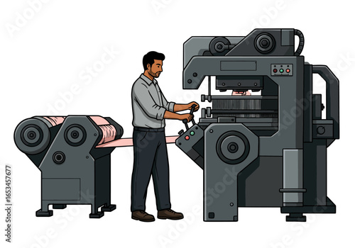 Man operating a large industrial printing press machine with paper roll.