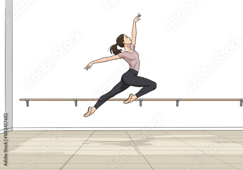 Ballerina Leaping in Dance Studio with Barre.