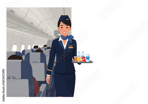 Smiling Flight Attendant Serving Drinks on Airplane.
