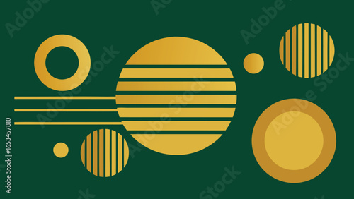 Abstract Geometric Composition of Circles and Lines in Gold on Dark Green transparency background vector illustration