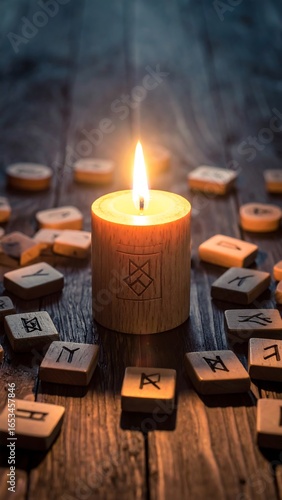 Candle surrounded by runes on wooden table