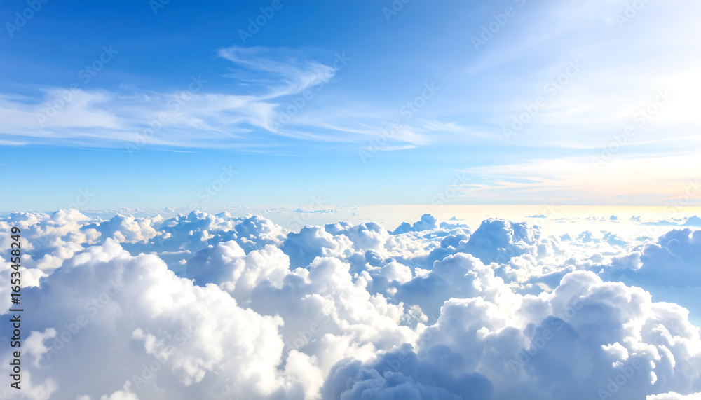 Naklejka premium Aerial view of fluffy cumulus cloudscape, bright sunlight, serene blue sky, peaceful and inspirational mood, high-altitude perspective.