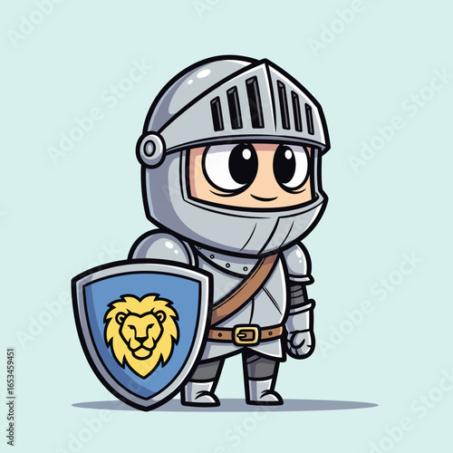 Brave knight cartoon character in shining armor with shield, a symbol of medieval warfare and chivalry, isolated on white background