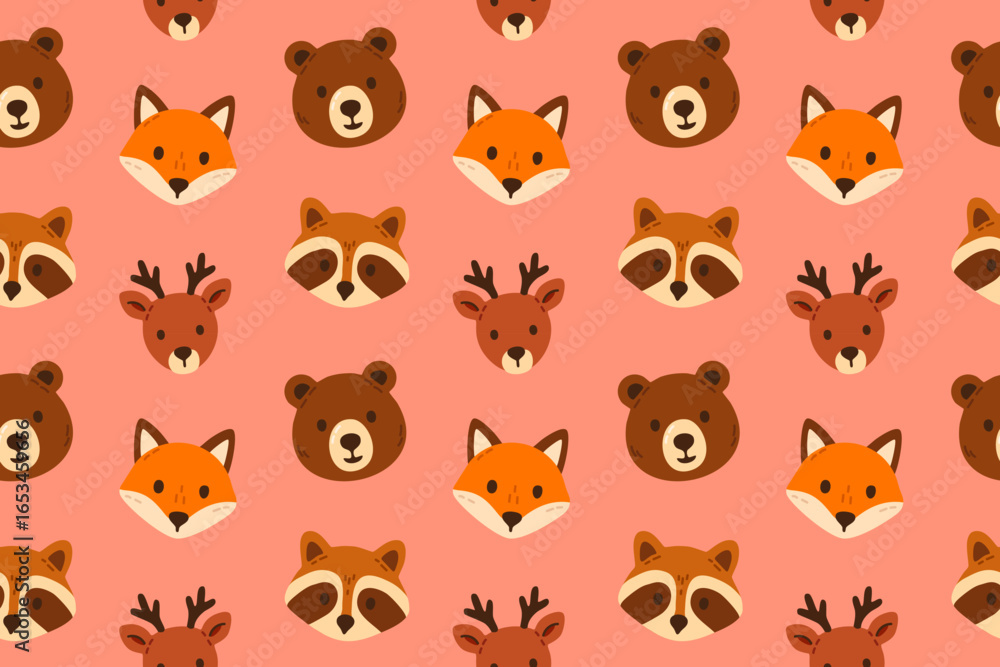 Fototapeta premium Seamless pattern with cute animal faces bear fox raccoon and deer on colorful background
