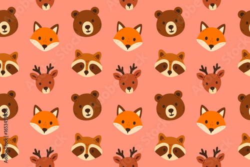 Seamless pattern with cute animal faces bear fox raccoon and deer on colorful background