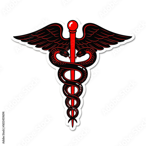 Red and black caduceus symbol isolated on white background, representing medicine, health, and healing with snakes, wings, and a staff, suitable for healthcare and pharmaceutical design