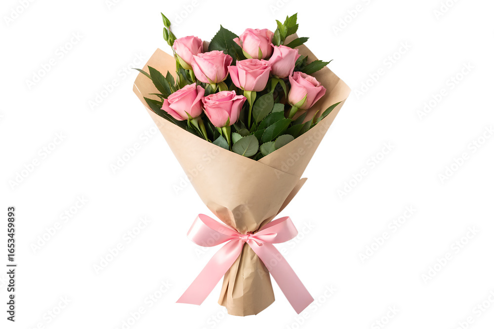 Naklejka premium A beautiful bouquet of delicate pink roses, expertly wrapped in rustic brown paper and tied with a charming pale pink ribbon, presented on a clean white background.