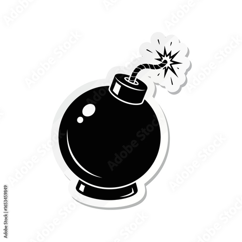 Cartoon sticker of a bomb with a lit fuse, isolated on white background a dangerous explosive weapon with a round shape, symbolizing threat and destruction in a comic style