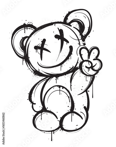 Graffiti style teddy bear design. This artwork depicts a teddy bear in a gritty, expressive style, using bold, dripping lines and ink splatters to give it a rebellious, urban feel.