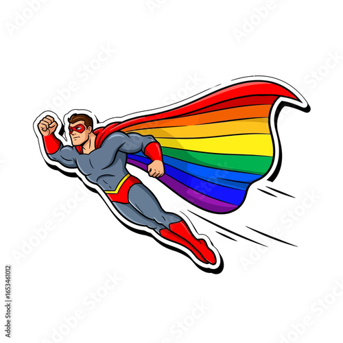 A cartoon superhero flies with a rainbow cape, symbolizing lgbtq pride and equality, isolated on white background a vibrant and joyful representation of love and acceptance