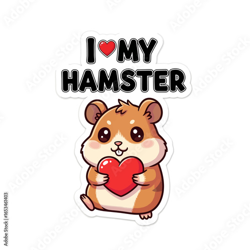 A cute hamster holding a heart with the text i love my hamster isolated on white background, showcasing its adorable features and expressing affection for the pet