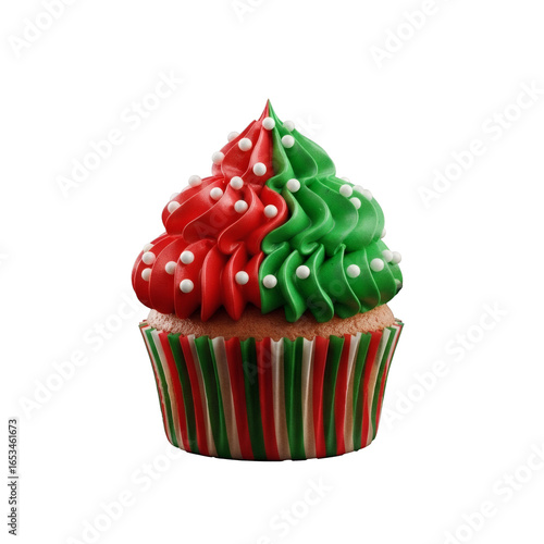 Christmas cupcake with red and green frosting and white sprinkles isolated on transparent background