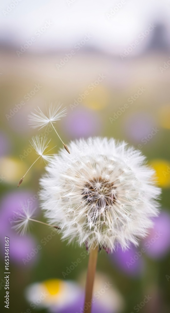 Naklejka premium Close up of a dandelion clock with seeds dispersing in the air. Nature and spring beauty concept for seasonal design.