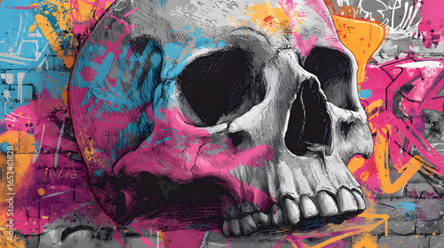 Digital graffiti illustration of a skull with colorful spray paint textures, urban street art