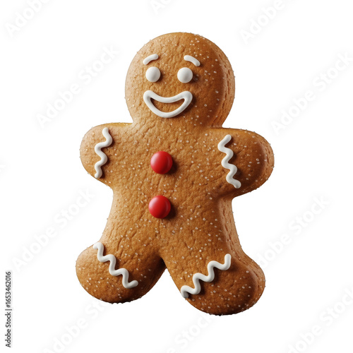 Gingerbread man cookie smiling with red buttons on transparent background