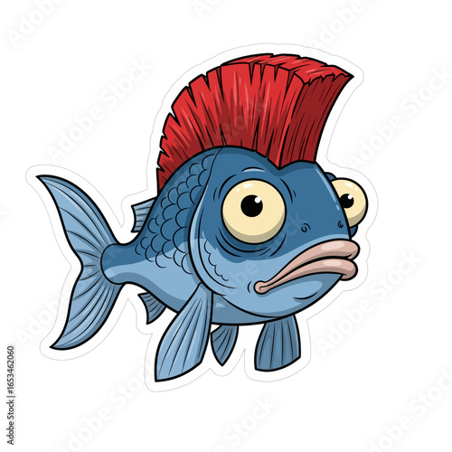 A cartoon illustration of a punk fish with a mohawk isolated on white background, showcasing a funny and cute animal character design with a retro and vintage style