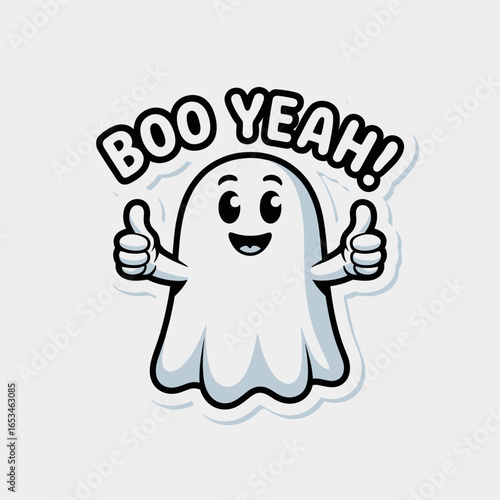 Cute ghost saying boo yeah with thumbs up isolated on white background, a cheerful cartoon character celebrating halloween with a fun and positive message