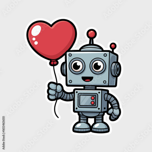 A cartoon robot holding a red heartshaped balloon, isolated on white background the robot has a cute and friendly expression, with big eyes and a small smile, standing on its feet