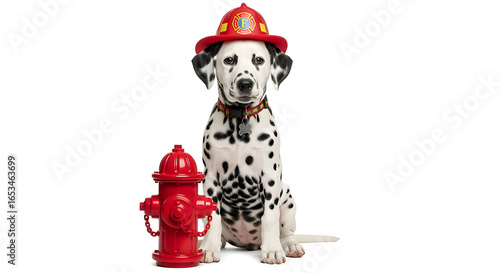 A dalmatian dog dressed as a firefighter sits beside a fire hydrant, looking ready for action. The dalmatian wears a helmet, and the scene is charming and playful