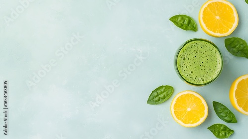 Vibrant green smoothie with fresh citrus and basil leaves