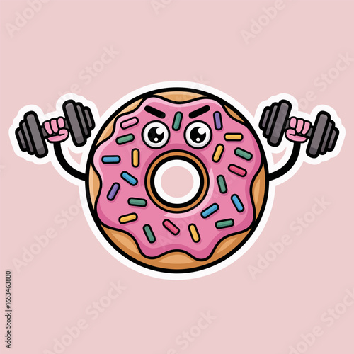 Funny donut cartoon character lifting weights, a cute and humorous fitness illustration for gym enthusiasts, isolated design for stickers and more