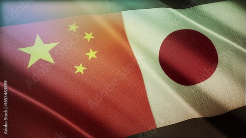The diagonal and stitched-aligned combined China and Japan flags are waving in the wind. Concept of Strategic negotiation, national relationship, Conflict, and War. 