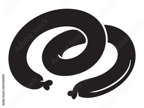 Black silhouette of intertwined sausages isolated on white background. concept of food, meat product, cooking ingredient, culinary design, icon, logo, kitchen art