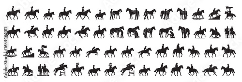 Set of Black silhouette of various riders on horses, isolated on white background. concept of equestrian, horseback riding, horse, jockey, animal, black, competition, sport