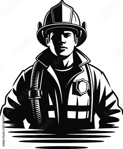 Bold monochrome portrait of a heroic firefighter wearing protective gear and helmet standing ready for duty and service to the community