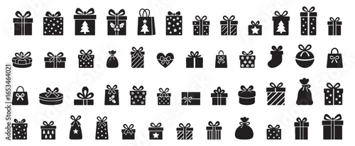 Set of Black silhouette of various Christmas gift boxes with bows isolated on white background. concept of present, gifting, celebration, festive decor, holiday season, logo, design element