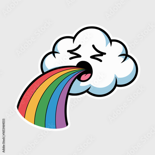 Cartoon cloud vomiting a rainbow isolated on white background, a quirky and colorful illustration perfect for stickers, designs, and adding a touch of humor to any project