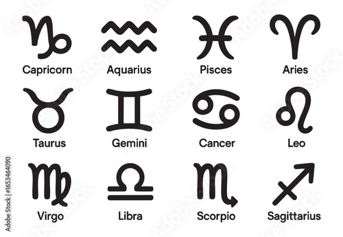 Set of zodiac sign symbols including capricorn, aquarius, pisces, aries, taurus, gemini, cancer, leo, virgo, libra, scorpio, sagittarius. astrology, horoscope, black icons on white background