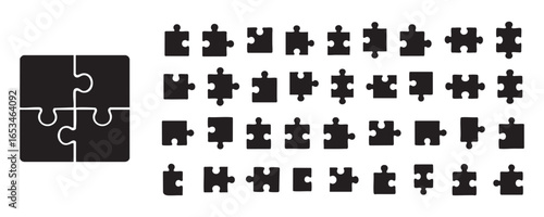 Black puzzle pieces and set arrangement, illustration. concept of problem solving, brain teaser, jigsaw, game, logic, icon, isolated design, creativity, white background.