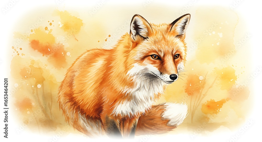 Fototapeta premium Serene Watercolor Red Fox Portrait: Autumnal Hues, Peaceful Mood, Wildlife Art