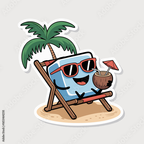 Cartoon ice cube character mascot relaxing on beach with coconut drink, a funny and cute vector illustration design for summer vacation, retro vintage style graphic icon sticker