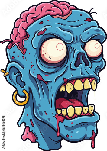 Cartoon zombie head illustration, blue undead face, exposed brain, bulging eyes, horror artwork, dripping blood, Halloween monster design