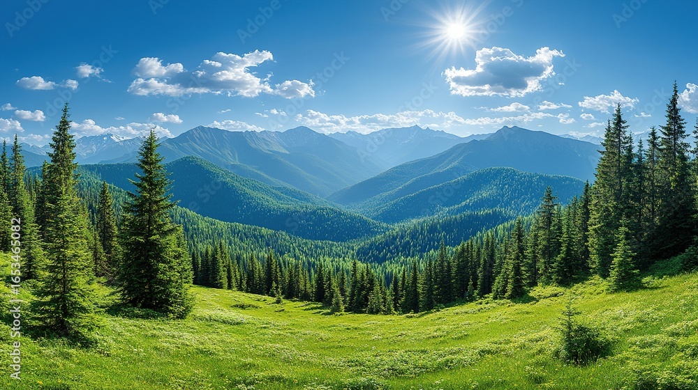 Fototapeta premium Sunny mountain landscape with green trees and grass under a blue sky.
