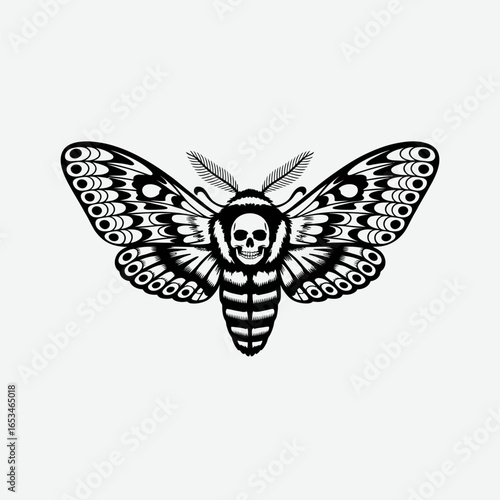 Illustration of a death head moth with skull pattern on its body and wings, gothic and macabre design, isolated on white background for tattoo or graphic art