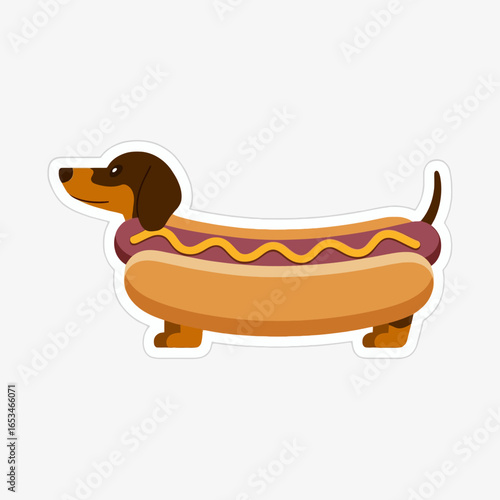 Hot dog dachshund cartoon sticker isolated on white background, a cute and funny design featuring a dachshund dressed as a hot dog with mustard