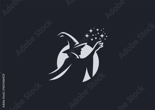A mystical minimalist wizard silhouette logo in line art, representing arcane power and ancient knowledge.