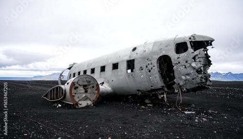Damaged airplane wreck on black sand