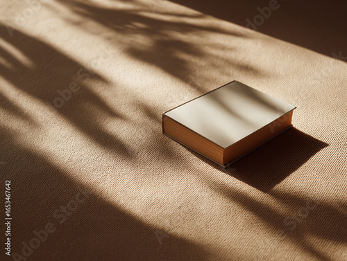 Closed book casting abstract shadows on warm beige textured surface