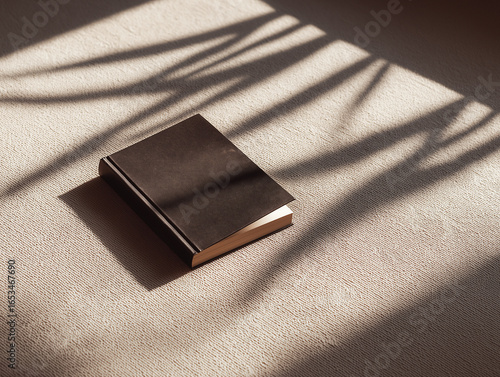 Elegant closed book on textured beige fabric with dramatic sunlight shadows