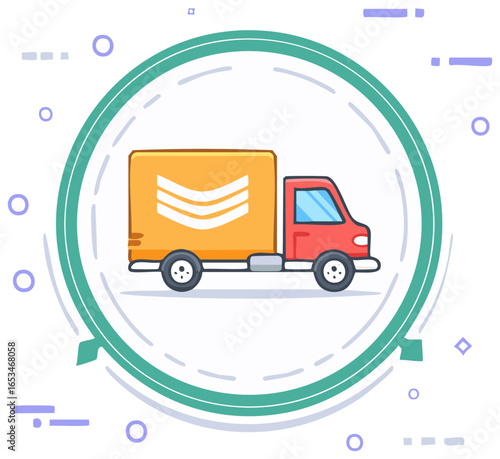 Red delivery truck with yellow cargo box and white stripes moves within a stylized green circle
