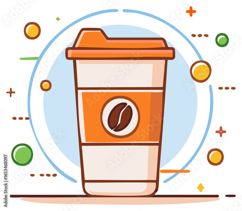 Coffee cup illustration, coffee bean emblem, cartoon style