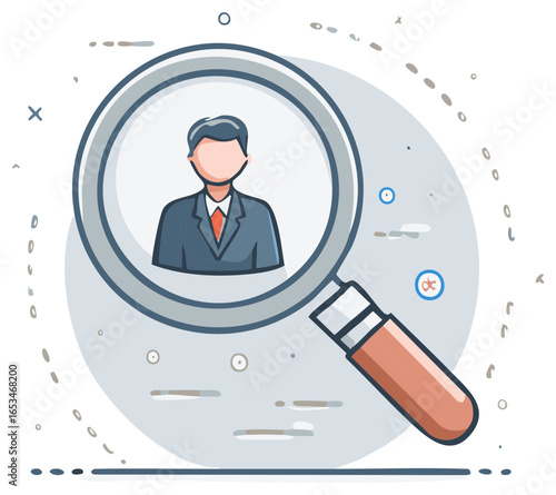 Magnifying glass searching for a professional male avatar, symbolizing human resources and recruitment.