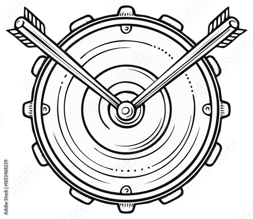 Round target with crossed arrows vector illustration in engraving style, archery object