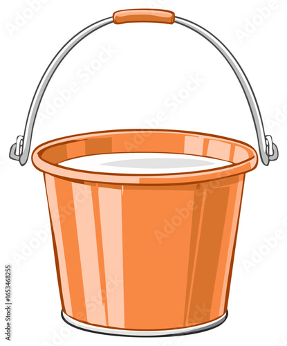 Orange bucket filled with liquid and a metal handle