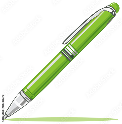 Illustration of a modern green metal ballpoint pen with silver accents for writing or drawing